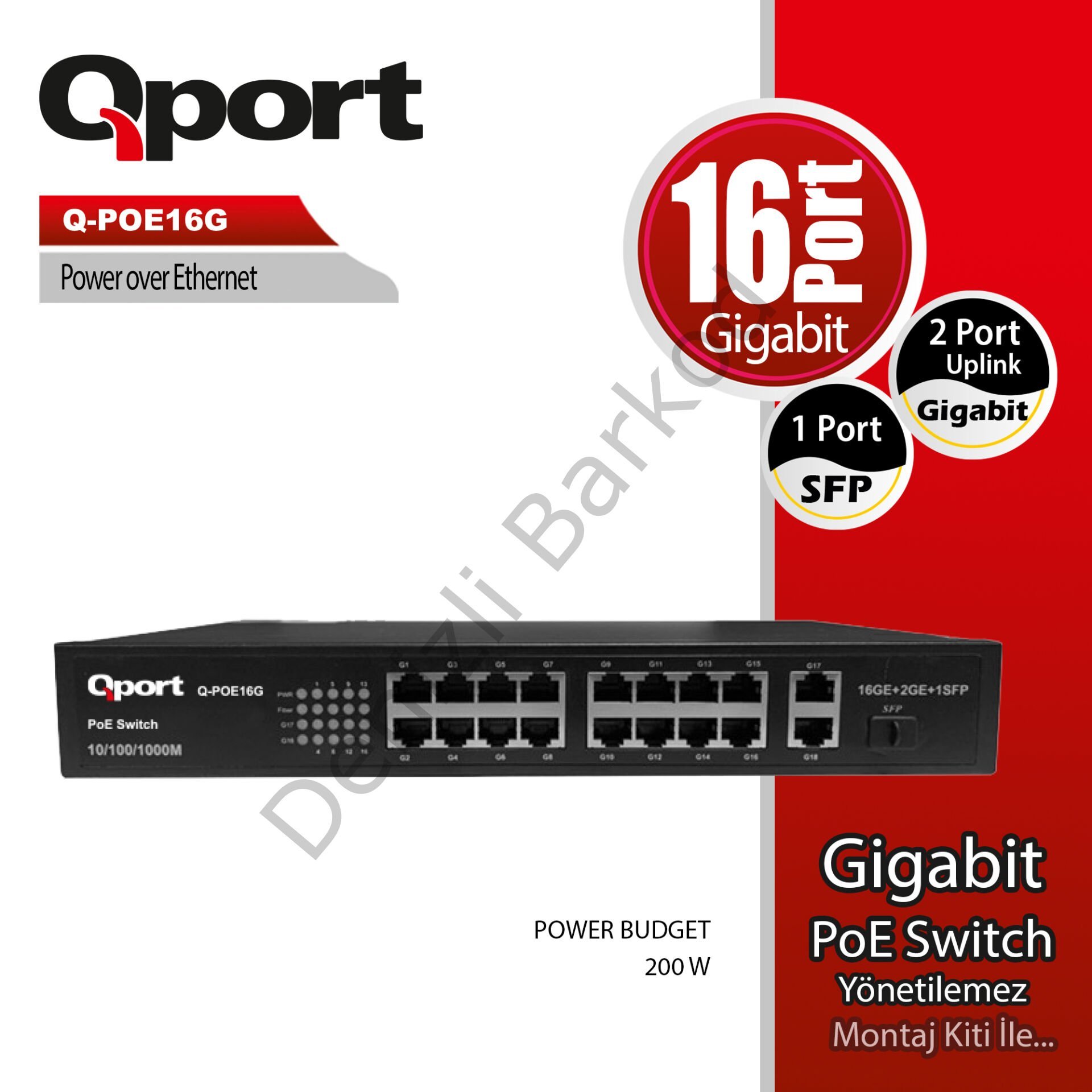 QPORT Q-POE16G 16 PORT 10/100/1000 16 PORT POE 2 PORT UPLINK + 1 SFP 200W YONETILEMEZ DESKTOP SWITCH