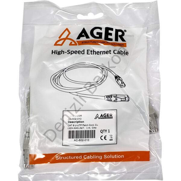 AGER AC-602-010 1.0 MT UTP CAT6 PATCH KABLO GRI Cu, LSZH AWG 26/7