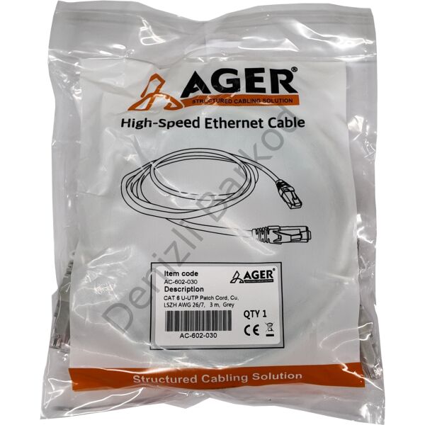 AGER AC-602-030 3 MT UTP CAT6 PATCH KABLO GRI Cu, LSZH AWG 26/7