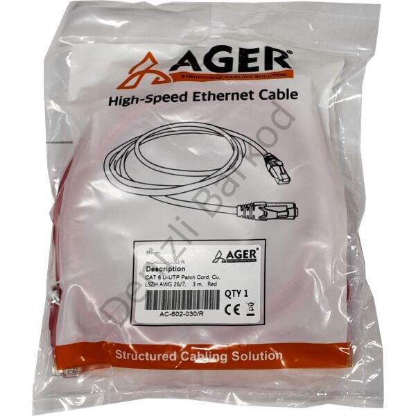 AGER AC-602-030 3 MT UTP CAT6 PATCH KABLO KIRMIZI Cu, LSZH AWG 26/7