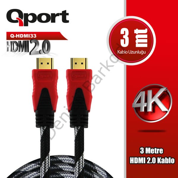 QPORT Q-HDMI33 HDMI KABLO 3MT Ver 2.0 4K ALTIN UÇLU