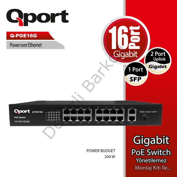 QPORT Q-POE16G 16 PORT 10/100/1000 16 PORT POE 2 PORT UPLINK + 1 SFP 200W YONETILEMEZ DESKTOP SWITCH