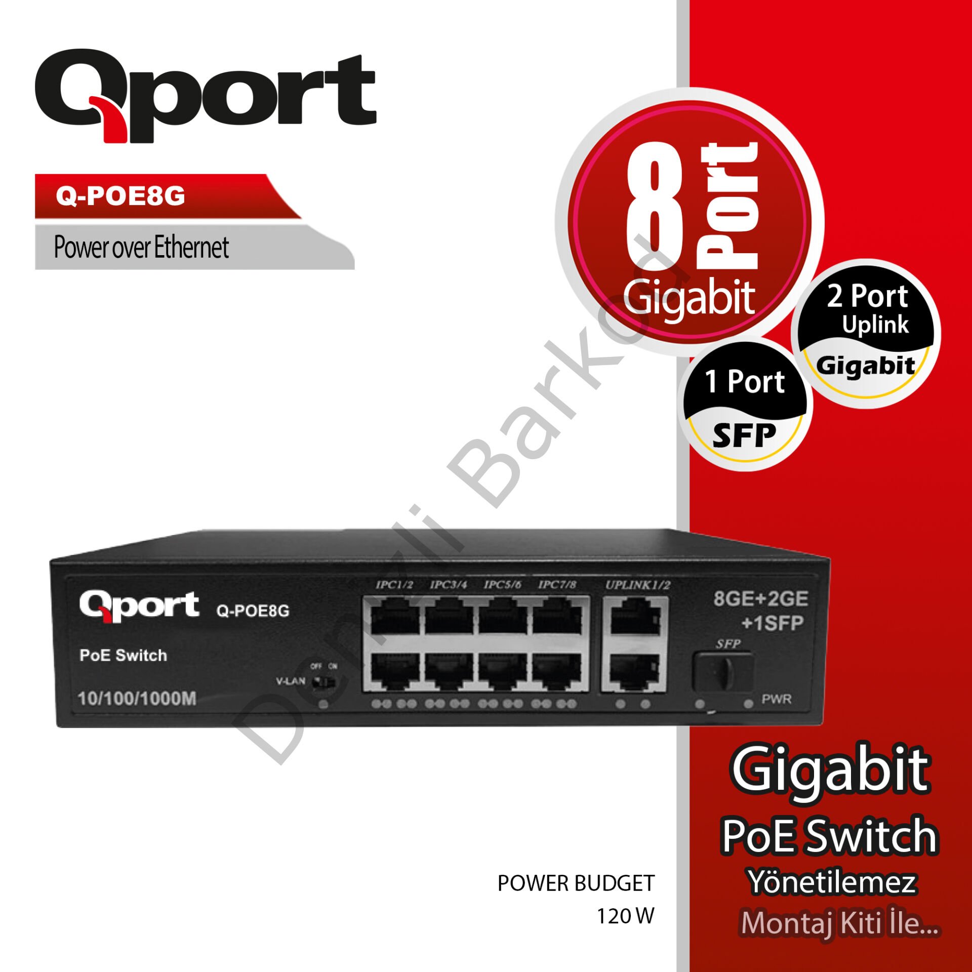 QPORT Q-POE8G 8 PORT 10/100/1000 8 PORT POE 2 PORT UPLINK + 1 SFP 120W YONETILEMEZ DESKTOP SWITCH