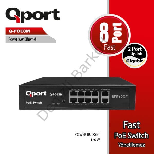 QPORT Q-POE8M 8 PORT 10/100 8 PORT POE 2 PORT UPLINK 120W YONETILEMEZ DESKTOP SWITCH
