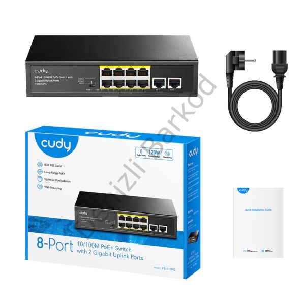 CUDY FS1010PG 8 PORT 10/100 8 PORT POE+ 2 PORT UPLINK 120W YONETILEMEZ DESKTOP SWITCH